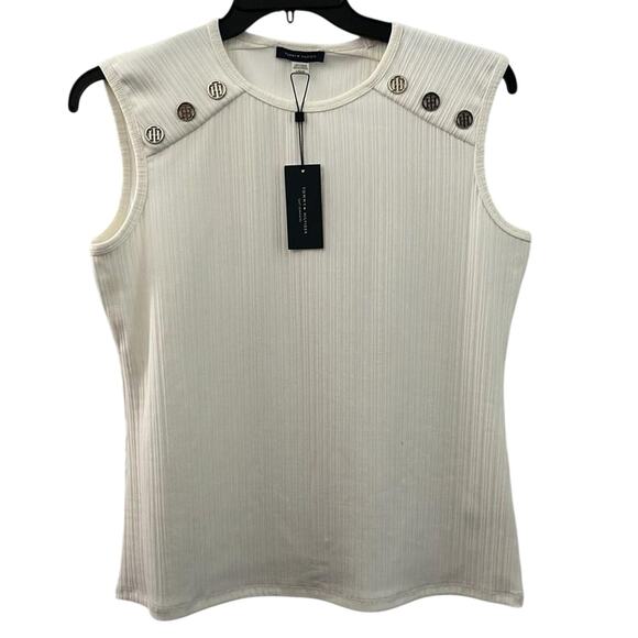 NWT Tommy Hilfiger Monogram-Button Cap-Sleve Ribbed Top Size L - Picture 3 of 5